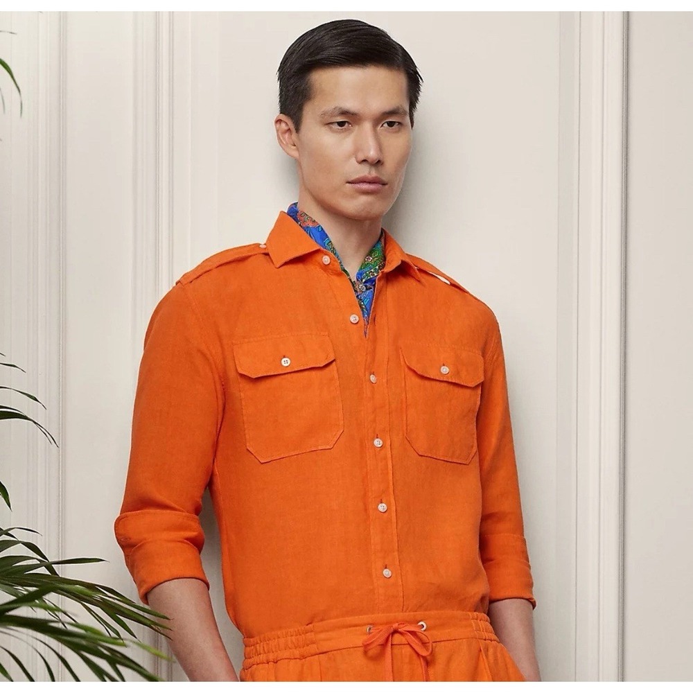 Ralph Lauren Purple Label Textured Linen Dobby Shirt Mens Small Orange Portugal